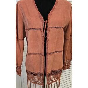 100% Suede Leather Coat SMALL Boho Cottage Fringe Crochet Robert Louis Designer